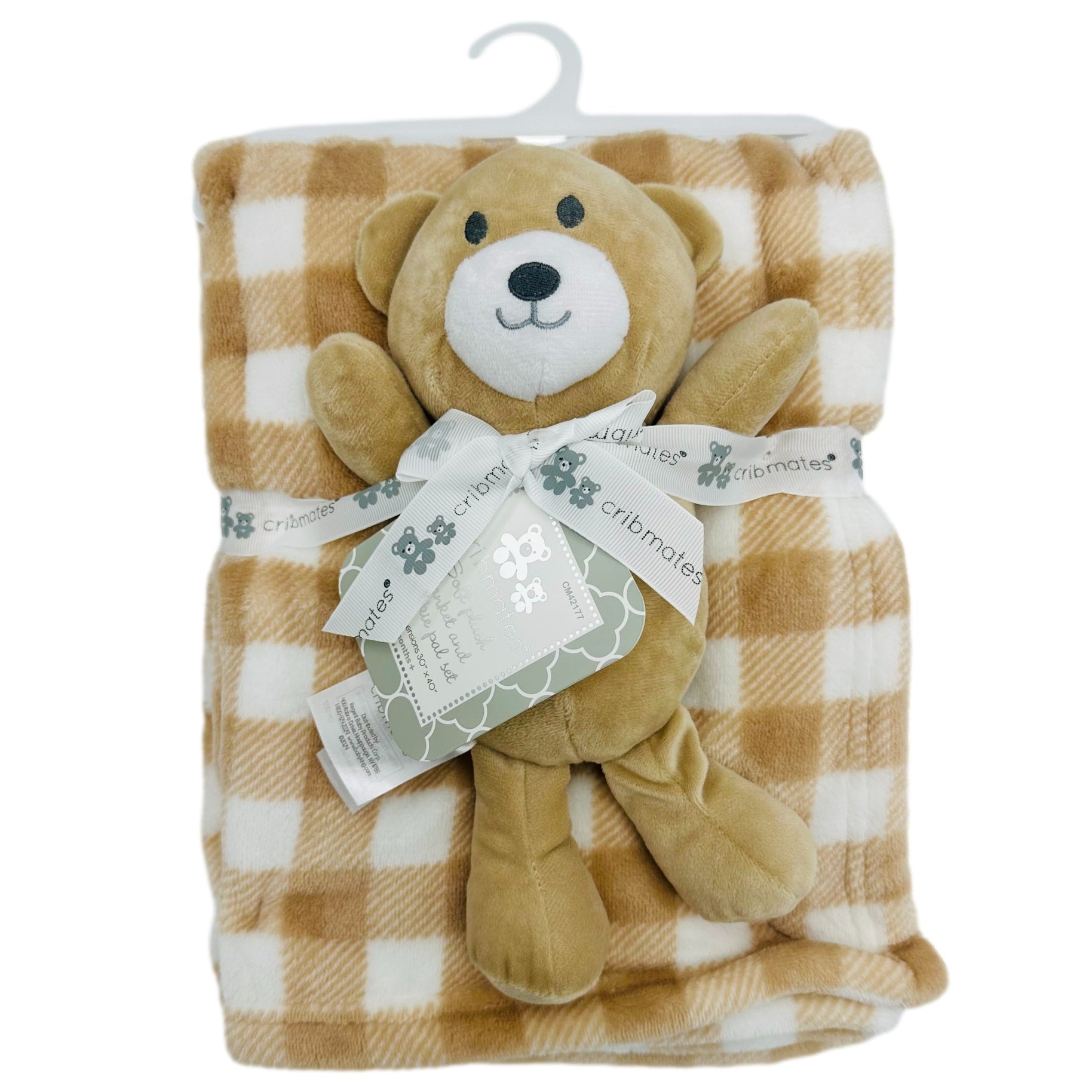 Stuffed bear toy and tan plaid baby blanket gift set with "cribmates" ribbon and tag.